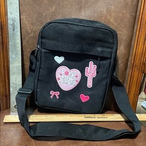 Black Crossbody Bag with Pink Patches